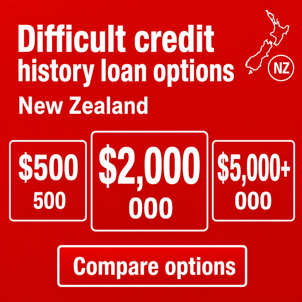 Difficult credit history loan options in New Zealand. Use the amounts $500, $2,000, $5,000+ in the creative.