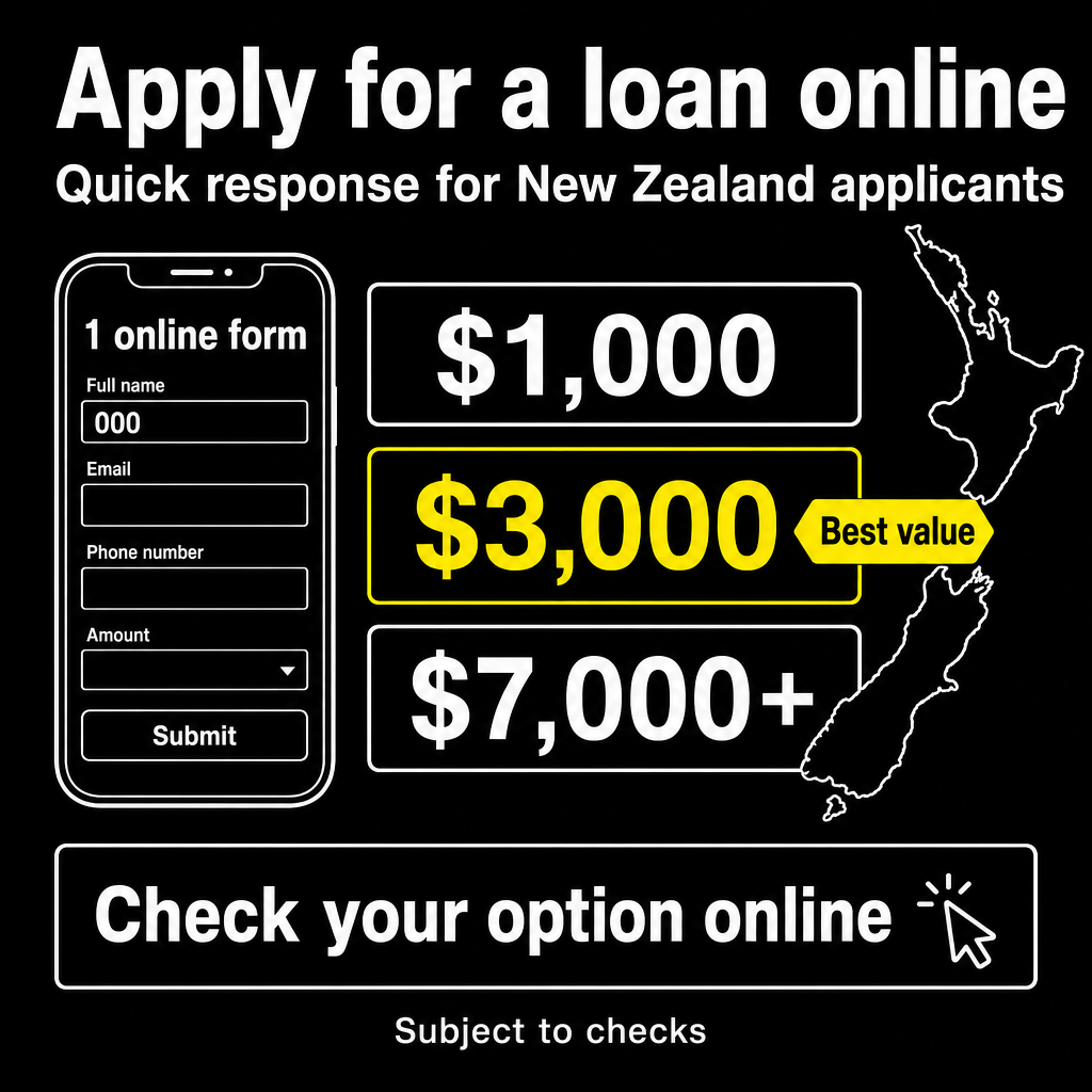 Online loan application with quick response in New Zealand. Use the amounts $1,000, $3,000, $7,000+ in the creative.