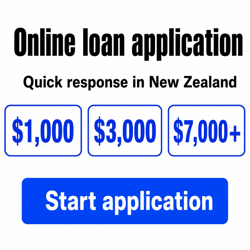 Online loan application with quick response in New Zealand. Use the amounts $1,000, $3,000, $7,000+ in the creative.