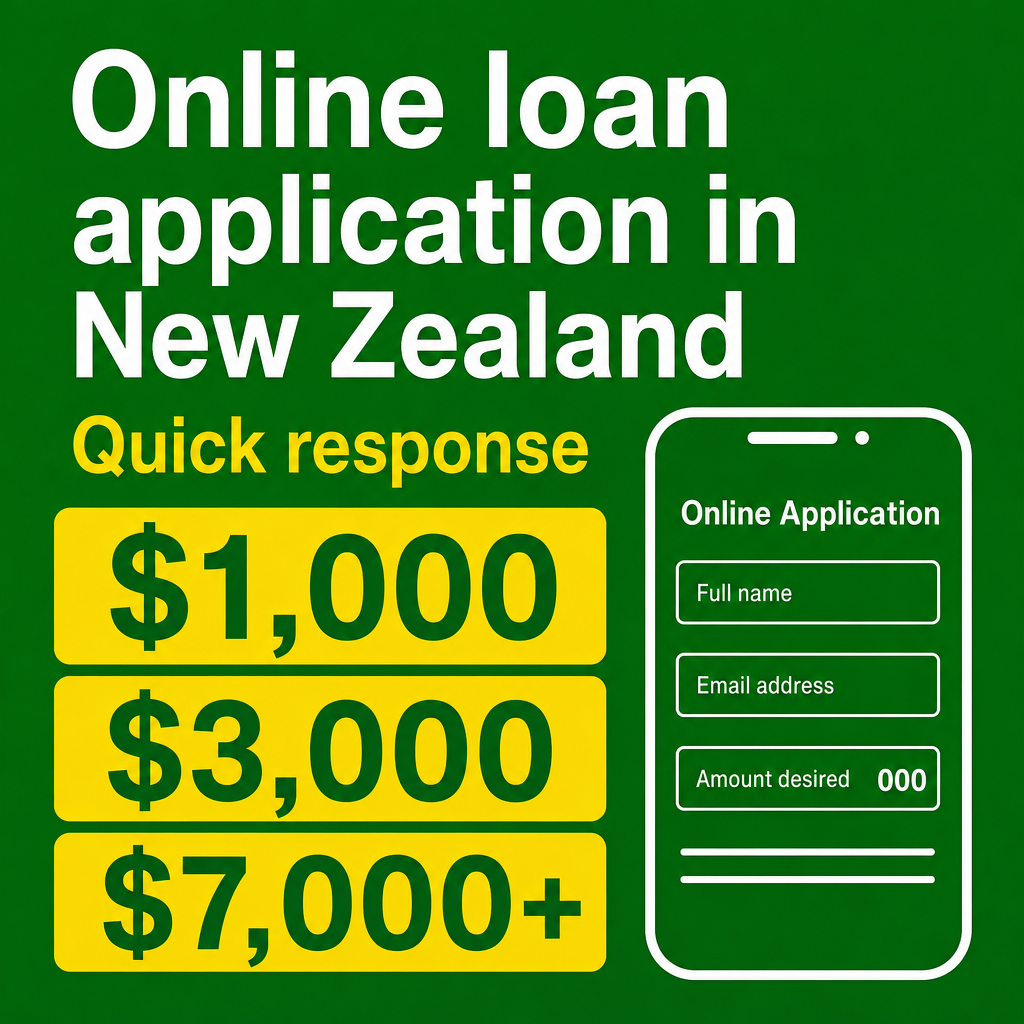 Online loan application with quick response in New Zealand. Use the amounts $1,000, $3,000, $7,000+ in the creative.