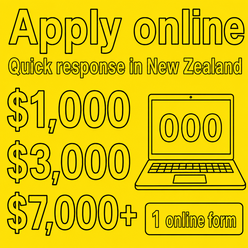 Online loan application with quick response in New Zealand. Use the amounts $1,000, $3,000, $7,000+ in the creative.