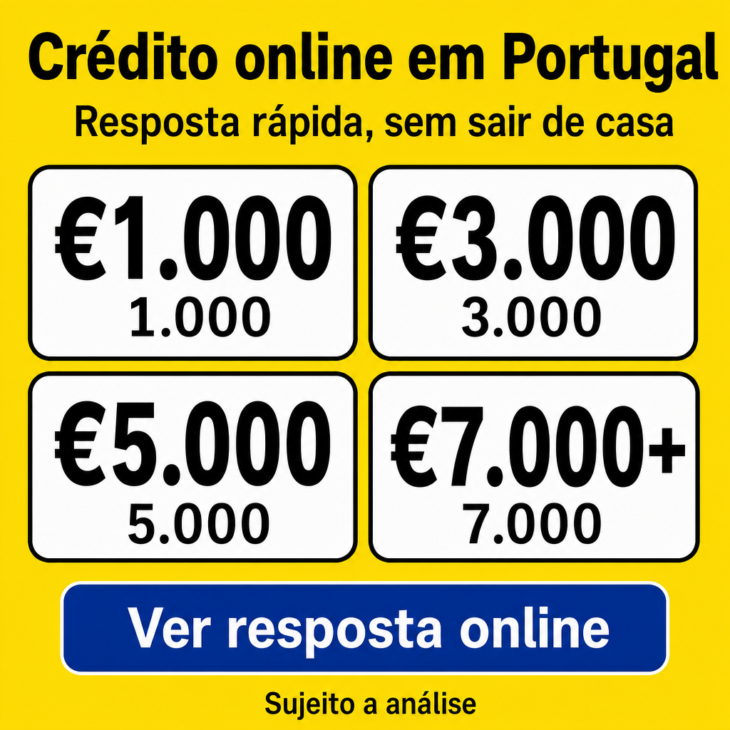 Crédito com resposta online rápida em Portugal. Usar os valores €1.000, €3.000, €7.000+ no criativo.