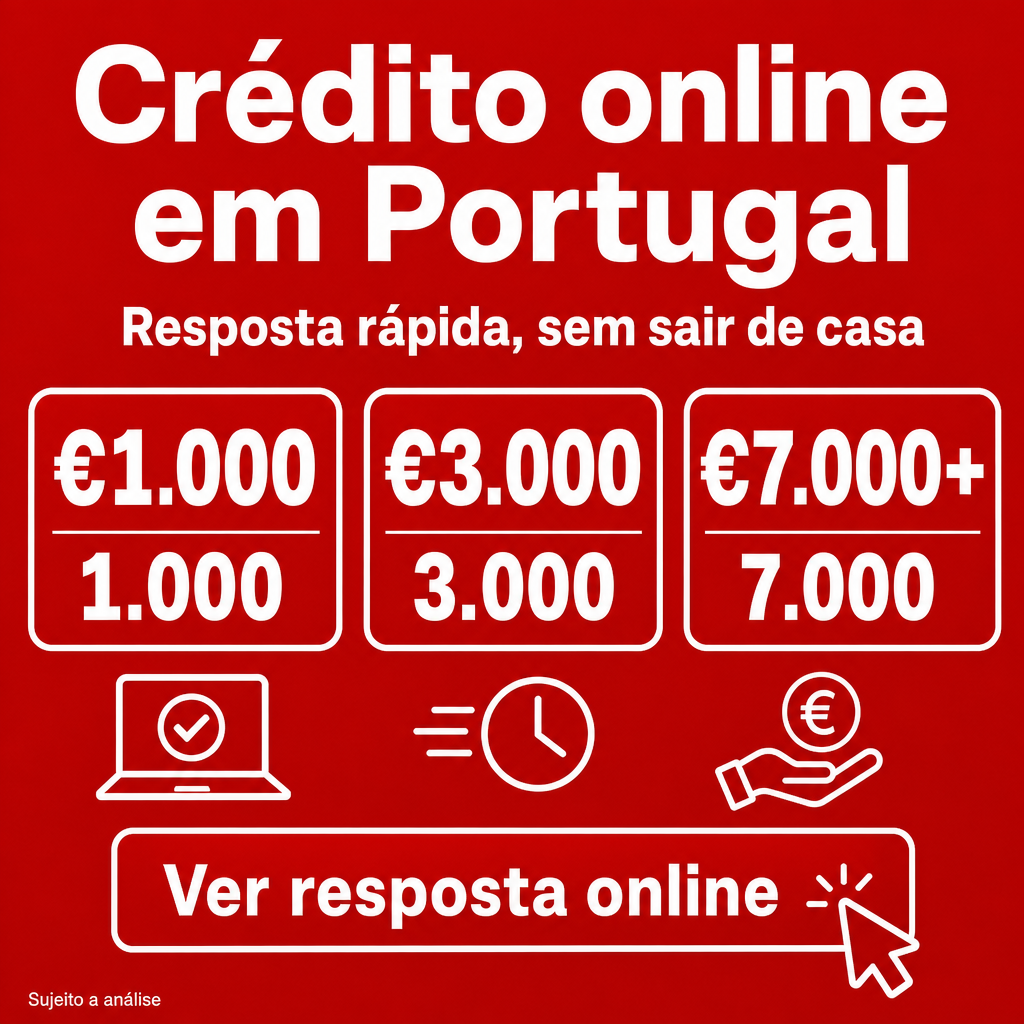 Crédito com resposta online rápida em Portugal. Usar os valores €1.000, €3.000, €7.000+ no criativo.