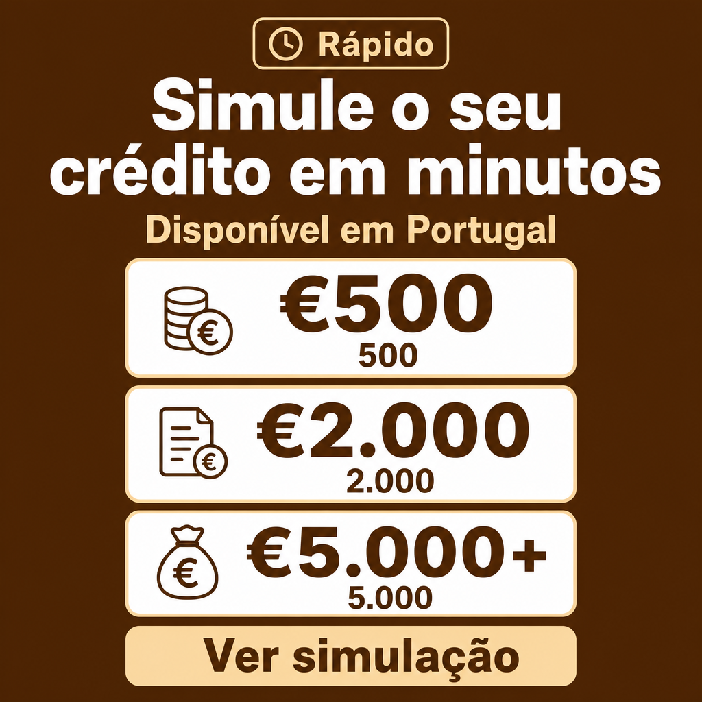 Simulação rápida de crédito em Portugal. Usar os valores €500, €2.000, €5.000+ no criativo.