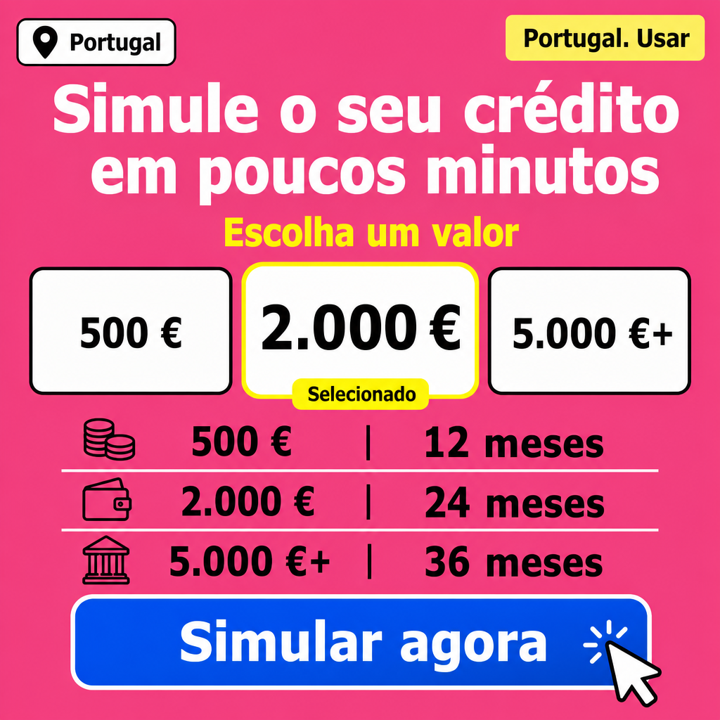 Simulação rápida de crédito em Portugal. Usar os valores €500, €2.000, €5.000+ no criativo.