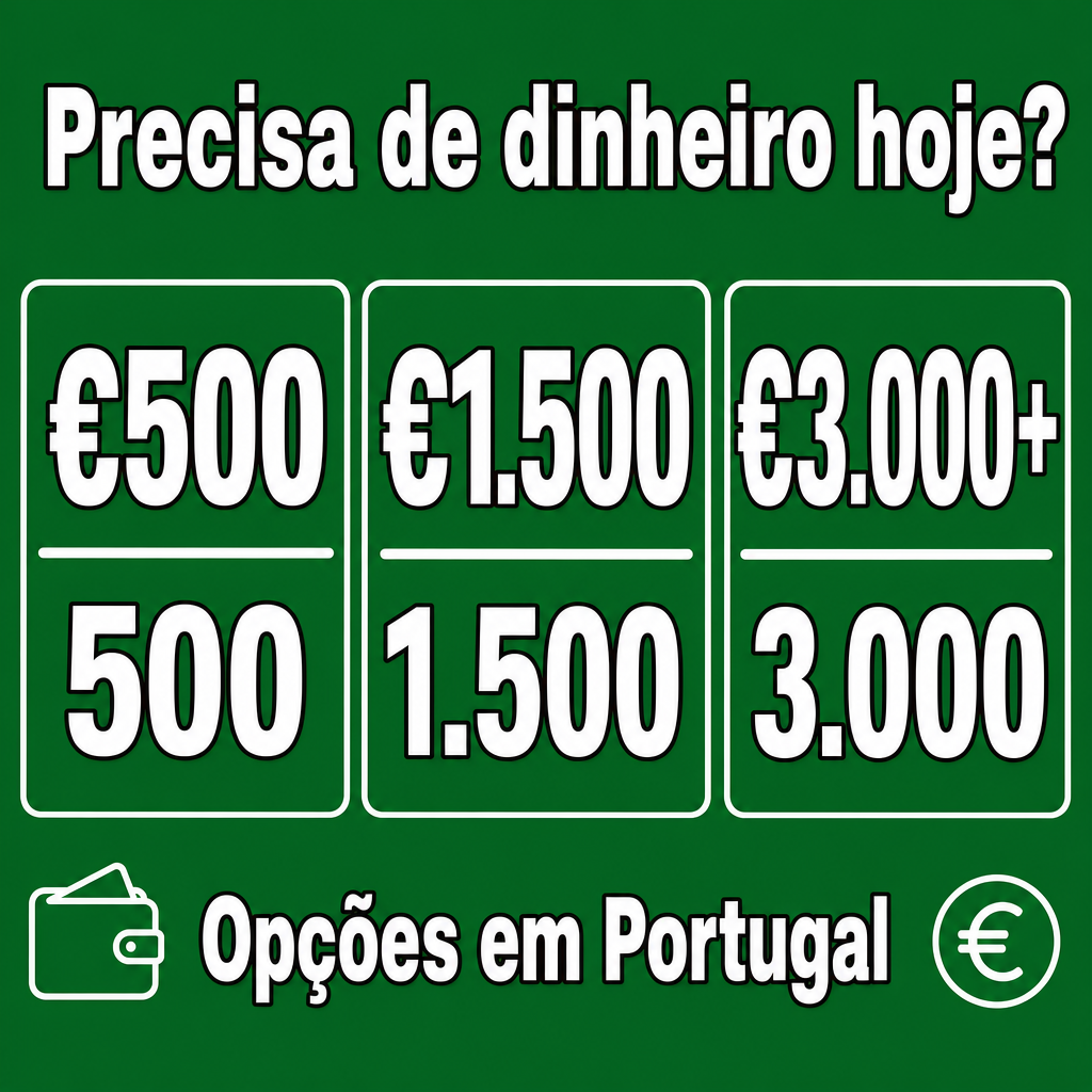 Precisa de dinheiro hoje em Portugal. Usar os valores €500, €1.500, €3.000+ no criativo.