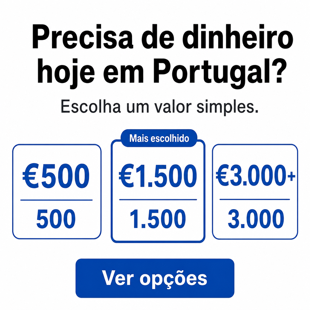 Precisa de dinheiro hoje em Portugal. Usar os valores €500, €1.500, €3.000+ no criativo.