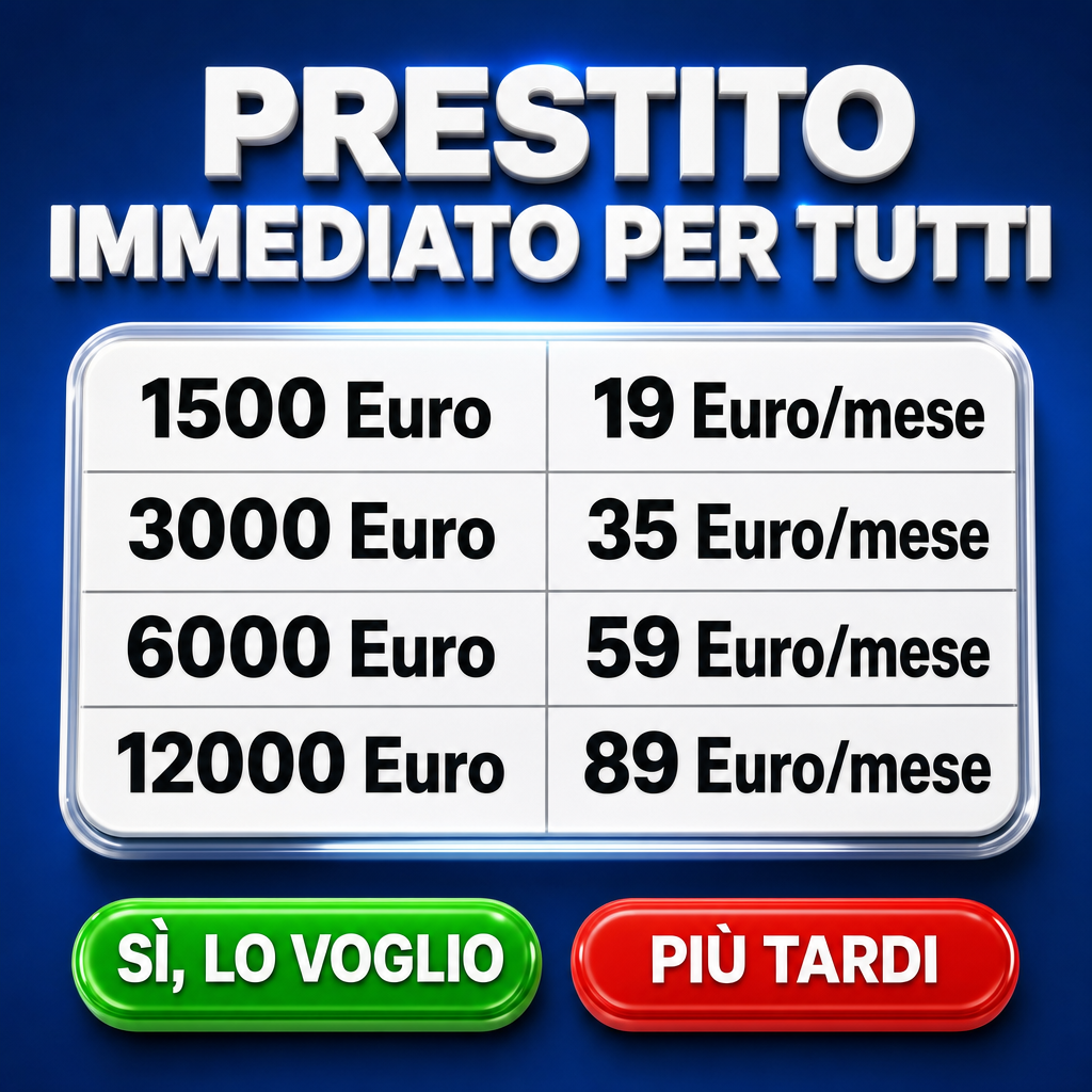 Crie uma arte publicitária quadrada para redes sociais sobre empréstimo imediato, com aparência mais realista, premium e tridimensional. Use fundo azul anil sólido, limpo e elegante, com iluminação suave de estúdio e leve profundidade, sem textura pesada.  No topo, coloque o título “PRESTITO IMMEDIATO PER TUTTI” em letras brancas, maiúsculas, muito grandes e em negrito, com fonte sans-serif moderna, leve efeito 3D, sombra realista e brilho sutil. Divida o título em duas linhas: “PRESTITO” na primeira e “IMMEDIATO PER TUTTI” na segunda.  No centro, adicione uma tabela branca realista com cantos arredondados, aparência de cartão plástico brilhante ou vidro fosco, sombra suave e profundidade. A tabela deve ter duas colunas e quatro linhas, com divisórias finas cinza. Use texto preto em negrito, grande, nítido e legível.  Na coluna esquerda, coloque: “1500 Euro” “3000 Euro” “6000 Euro” “12000 Euro”  Na coluna direita, coloque: “19 Euro/mese” “35 Euro/mese” “59 Euro/mese” “89 Euro/mese”  Na parte inferior, adicione dois botões realistas arredondados lado a lado, com efeito 3D, reflexo suave e sombra. O botão da esquerda deve ser verde brilhante com texto branco “SÌ, LO VOGLIO”. O botão da direita deve ser vermelho brilhante com texto branco “PIÙ TARDI”.  Estilo: anúncio financeiro digital realista, visual premium, iluminação uniforme, alto contraste, composição centralizada, design limpo, moderno, com profundidade, sombras suaves, bordas nítidas e acabamento profissional.