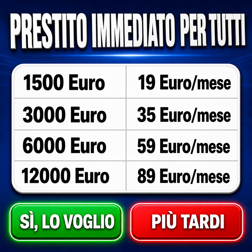 Crie uma arte publicitária quadrada para redes sociais sobre empréstimo imediato, com visual moderno, apelativo e altamente chamativo. Use fundo azul anil intenso, limpo e impactante, com leve efeito de profundidade e iluminação premium.  No topo, coloque o título grande:  “PRESTITO IMMEDIATO PER TUTTI”  Use letras brancas, maiúsculas, muito grandes, em negrito, com fonte sans-serif moderna, sombra suave e leve efeito 3D. O título deve ocupar bastante espaço e chamar atenção imediatamente.  No centro, adicione uma tabela branca com cantos arredondados, aparência moderna e elevada, como um cartão premium. Use sombra suave, bordas limpas e alto contraste. Divida a tabela em duas colunas e quatro linhas, com divisórias finas cinza.  Na coluna esquerda, coloque os valores: “1500 Euro” “3000 Euro” “6000 Euro” “12000 Euro”  Na coluna direita, coloque as parcelas: “19 Euro/mese” “35 Euro/mese” “59 Euro/mese” “89 Euro/mese”  Use texto preto, grande, negrito, muito legível e bem alinhado.  Na parte inferior, adicione dois botões grandes, arredondados e chamativos. O botão da esquerda deve ser verde vibrante com o texto branco:  “SÌ, LO VOGLIO”  O botão da direita deve ser vermelho vibrante com o texto branco:  “PIÙ TARDI”  Os botões devem ter aparência moderna, com leve brilho, sombra realista e efeito de clique.  Estilo geral: anúncio financeiro digital moderno, apelativo, limpo, profissional, alto contraste, layout centralizado, visual de campanha promocional, cores fortes, tipografia impactante, acabamento premium e foco em conversão.