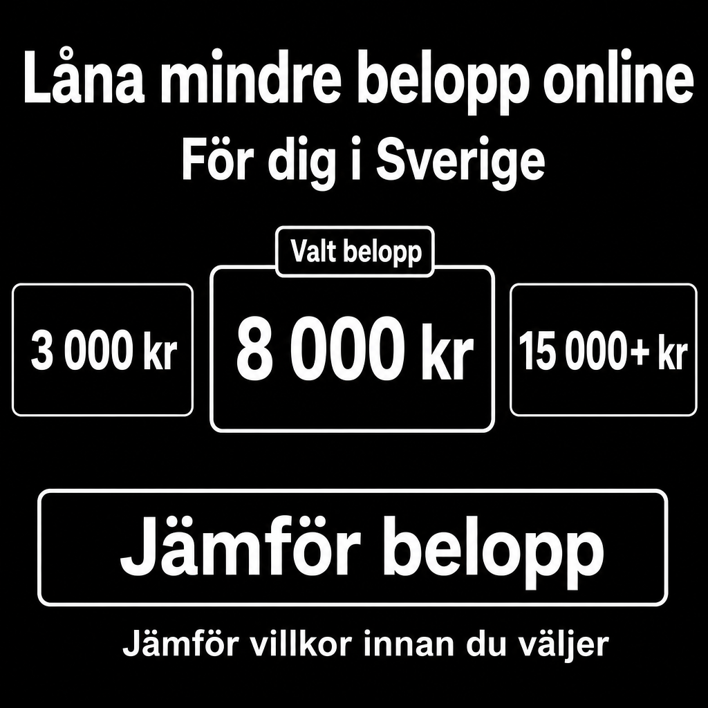 Mindre lån online i Sverige. Använd beloppen 3 000 kr, 8 000 kr, 15 000+ kr i annonsen.