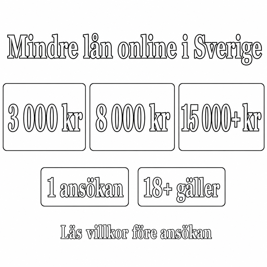Mindre lån online i Sverige. Använd beloppen 3 000 kr, 8 000 kr, 15 000+ kr i annonsen.
