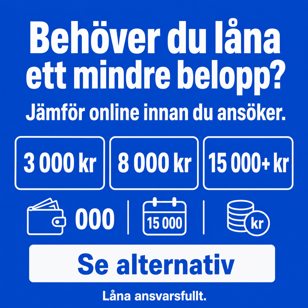 Mindre lån online i Sverige. Använd beloppen 3 000 kr, 8 000 kr, 15 000+ kr i annonsen.