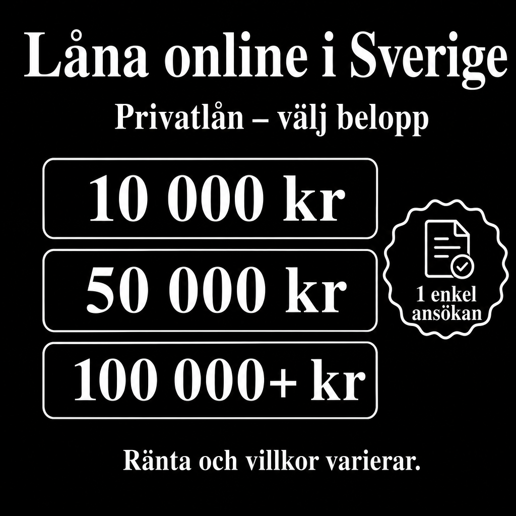 Privatlån online i Sverige. Använd beloppen 10 000 kr, 50 000 kr, 100 000+ kr i annonsen.