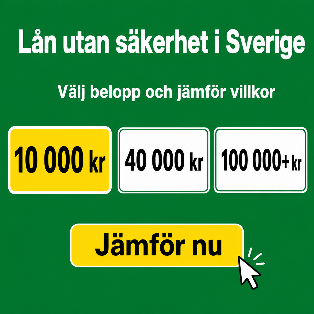 Lån utan säkerhet i Sverige. Använd beloppen 10 000 kr, 40 000 kr, 100 000+ kr i annonsen.