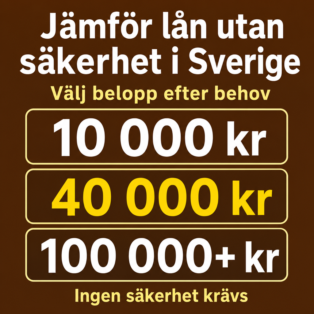 Lån utan säkerhet i Sverige. Använd beloppen 10 000 kr, 40 000 kr, 100 000+ kr i annonsen.
