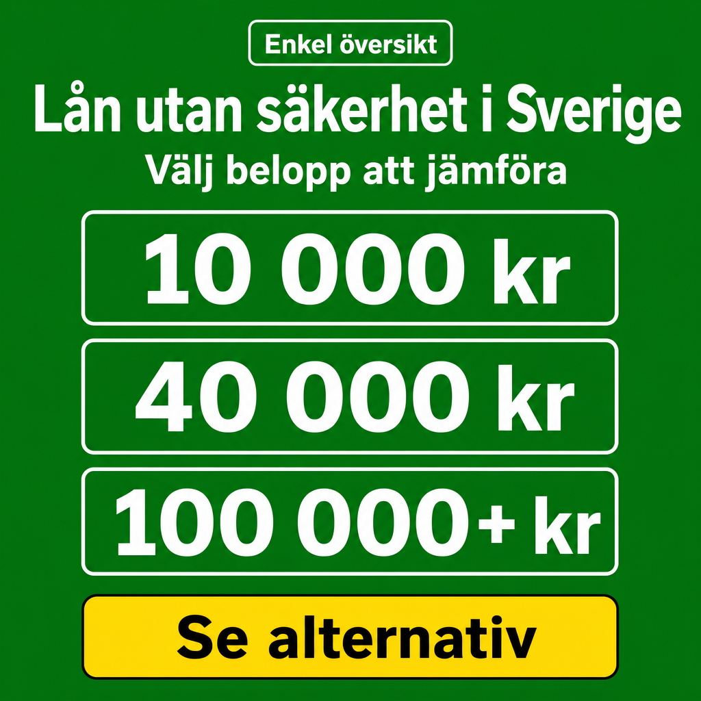 Lån utan säkerhet i Sverige. Använd beloppen 10 000 kr, 40 000 kr, 100 000+ kr i annonsen.