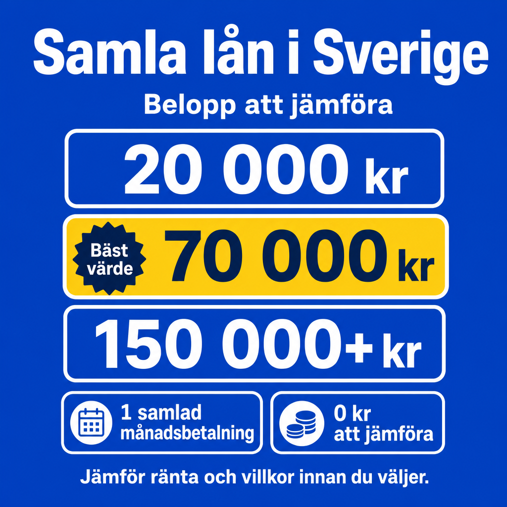 Samla lån i Sverige. Använd beloppen 20 000 kr, 70 000 kr, 150 000+ kr i annonsen.