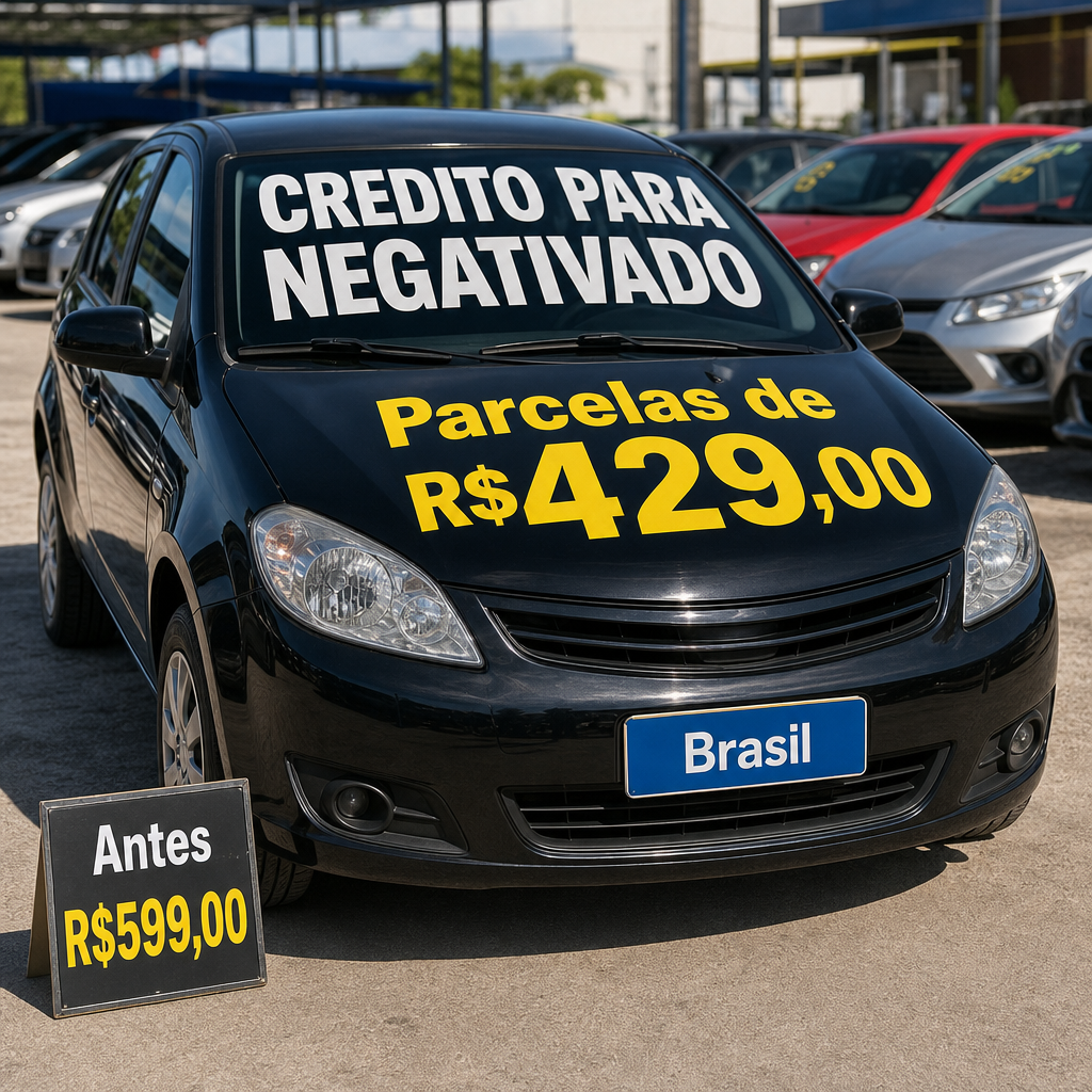 Crie uma imagem fotorealista de um pátio de carros no Brasil, com vários veículos estacionados ao fundo. No centro da imagem, destaque um carro popular brasileiro, como um hatch compacto seminovo, em primeiro plano, bem iluminado, limpo, chamativo e com aparência de carro pronto para venda. O cenário deve ter estilo de anúncio automotivo comercial, com cores vivas, boa iluminação natural e fundo levemente desfocado para valorizar o carro principal. No vidro frontal do carro, escreva em letras grandes e muito visíveis: "CREDITO PARA NEGATIVADO". No capô do carro, escreva em destaque: "Parcelas de R$429,00