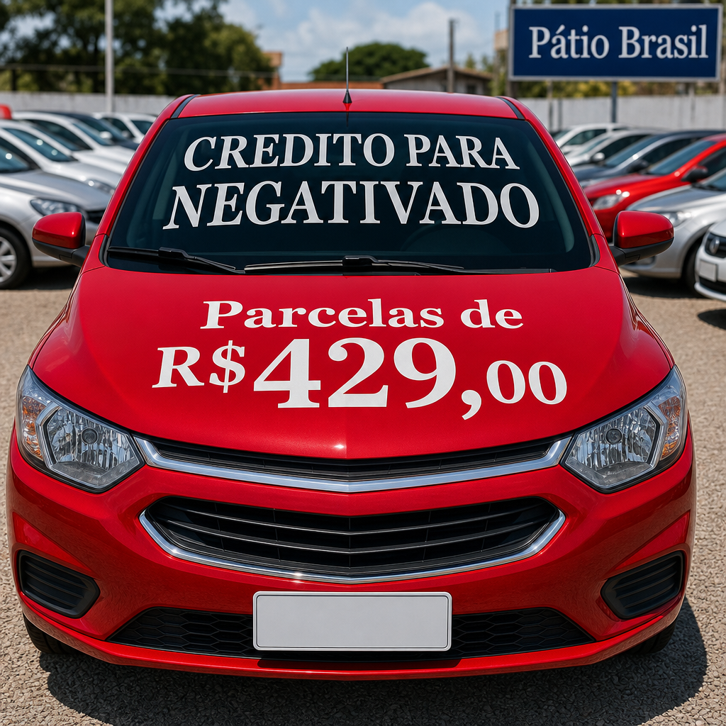 Crie uma imagem fotorealista de um pátio de carros no Brasil, com vários veículos estacionados ao fundo. No centro da imagem, destaque um carro popular brasileiro, como um hatch compacto seminovo, em primeiro plano, bem iluminado, limpo, chamativo e com aparência de carro pronto para venda. O cenário deve ter estilo de anúncio automotivo comercial, com cores vivas, boa iluminação natural e fundo levemente desfocado para valorizar o carro principal. No vidro frontal do carro, escreva em letras grandes e muito visíveis: "CREDITO PARA NEGATIVADO". No capô do carro, escreva em destaque: "Parcelas de R$429,00