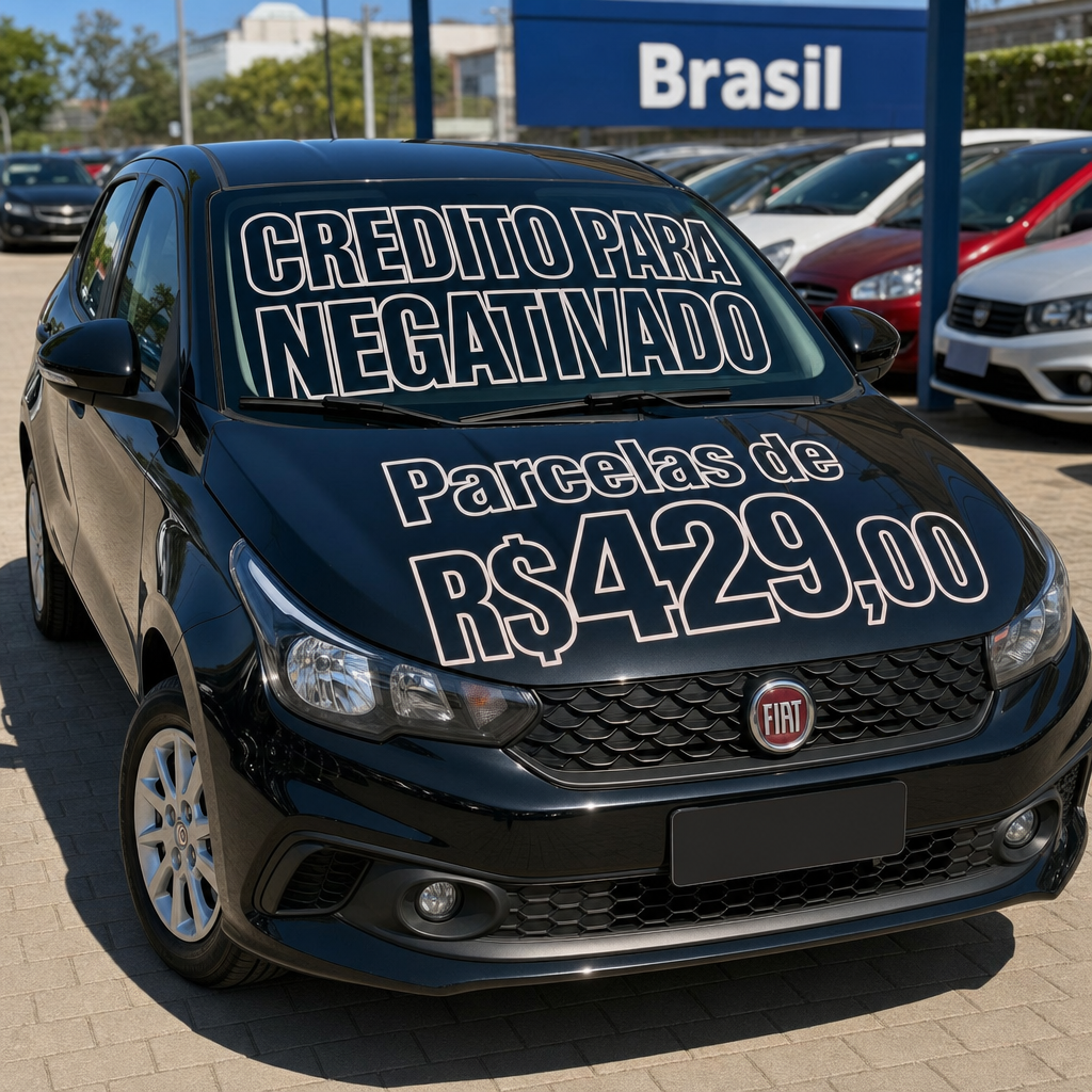Crie uma imagem fotorealista de um pátio de carros no Brasil, com vários veículos estacionados ao fundo. No centro da imagem, destaque um carro popular brasileiro, como um hatch compacto seminovo, em primeiro plano, bem iluminado, limpo, chamativo e com aparência de carro pronto para venda. O cenário deve ter estilo de anúncio automotivo comercial, com cores vivas, boa iluminação natural e fundo levemente desfocado para valorizar o carro principal. No vidro frontal do carro, escreva em letras grandes e muito visíveis: "CREDITO PARA NEGATIVADO". No capô do carro, escreva em destaque: "Parcelas de R$429,00