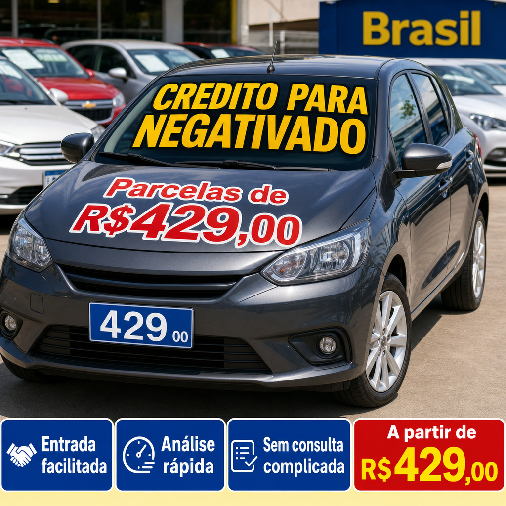 Crie uma imagem fotorealista de um pátio de carros no Brasil, com vários veículos estacionados ao fundo. No centro da imagem, destaque um carro popular brasileiro, como um hatch compacto seminovo, em primeiro plano, bem iluminado, limpo, chamativo e com aparência de carro pronto para venda. O cenário deve ter estilo de anúncio automotivo comercial, com cores vivas, boa iluminação natural e fundo levemente desfocado para valorizar o carro principal. No vidro frontal do carro, escreva em letras grandes e muito visíveis: "CREDITO PARA NEGATIVADO". No capô do carro, escreva em destaque: "Parcelas de R$429,00