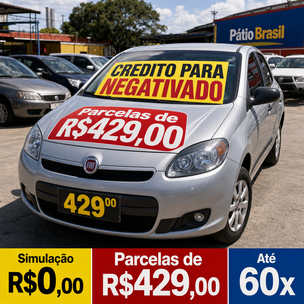 Crie uma imagem fotorealista de um pátio de carros no Brasil, com vários veículos estacionados ao fundo. No centro da imagem, destaque um carro popular brasileiro, como um hatch compacto seminovo, em primeiro plano, bem iluminado, limpo, chamativo e com aparência de carro pronto para venda. O cenário deve ter estilo de anúncio automotivo comercial, com cores vivas, boa iluminação natural e fundo levemente desfocado para valorizar o carro principal. No vidro frontal do carro, escreva em letras grandes e muito visíveis: "CREDITO PARA NEGATIVADO". No capô do carro, escreva em destaque: "Parcelas de R$429,00