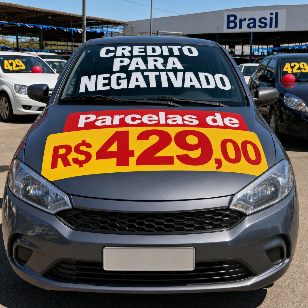 Crie uma imagem fotorealista de um pátio de carros no Brasil, com vários veículos estacionados ao fundo. No centro da imagem, destaque um carro popular brasileiro, como um hatch compacto seminovo, em primeiro plano, bem iluminado, limpo, chamativo e com aparência de carro pronto para venda. O cenário deve ter estilo de anúncio automotivo comercial, com cores vivas, boa iluminação natural e fundo levemente desfocado para valorizar o carro principal. No vidro frontal do carro, escreva em letras grandes e muito visíveis: "CREDITO PARA NEGATIVADO". No capô do carro, escreva em destaque: "Parcelas de R$429,00