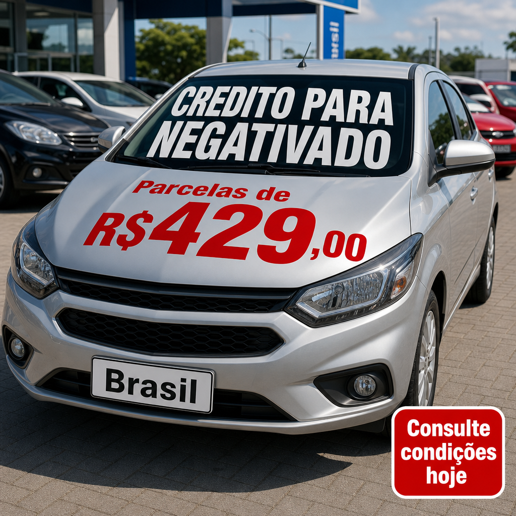Crie uma imagem fotorealista de um pátio de carros no Brasil, com vários veículos estacionados ao fundo. No centro da imagem, destaque um carro popular brasileiro, como um hatch compacto seminovo, em primeiro plano, bem iluminado, limpo, chamativo e com aparência de carro pronto para venda. O cenário deve ter estilo de anúncio automotivo comercial, com cores vivas, boa iluminação natural e fundo levemente desfocado para valorizar o carro principal. No vidro frontal do carro, escreva em letras grandes e muito visíveis: "CREDITO PARA NEGATIVADO". No capô do carro, escreva em destaque: "Parcelas de R$429,00