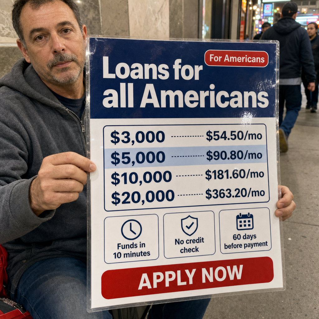 Crie uma imagem quadrada em estilo de anúncio financeiro para os Estados Unidos, com layout limpo e profissional. No topo, coloque um grande bloco de destaque com o texto principal:  “Loans for all Americans”  Inclua também um pequeno selo no canto superior direito escrito:  “For Americans”  Abaixo do título, adicione uma tabela simples com valores de empréstimo à esquerda e parcelas mensais à direita, separados por linhas pontilhadas:  $3,000 — $54.50/mo $5,000 — $90.80/mo $10,000 — $181.60/mo $20,000 — $363.20/mo  Na parte inferior, coloque três pequenos cartões com ícones simples e textos curtos:  1 — Funds in 10 minutes 2 — No credit check 3 — 60 days before payment  No rodapé da imagem, adicione um botão grande com o texto:  “APPLY NOW”