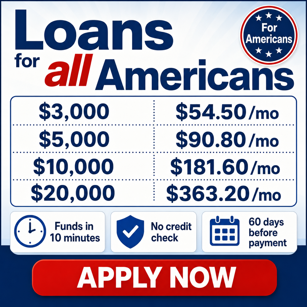 Crie uma imagem quadrada em estilo de anúncio financeiro para os Estados Unidos, com layout limpo e profissional. No topo, coloque um grande bloco de destaque com o texto principal:  “Loans for all Americans”  Inclua também um pequeno selo no canto superior direito escrito:  “For Americans”  Abaixo do título, adicione uma tabela simples com valores de empréstimo à esquerda e parcelas mensais à direita, separados por linhas pontilhadas:  $3,000 — $54.50/mo $5,000 — $90.80/mo $10,000 — $181.60/mo $20,000 — $363.20/mo  Na parte inferior, coloque três pequenos cartões com ícones simples e textos curtos:  1 — Funds in 10 minutes 2 — No credit check 3 — 60 days before payment  No rodapé da imagem, adicione um botão grande com o texto:  “APPLY NOW”