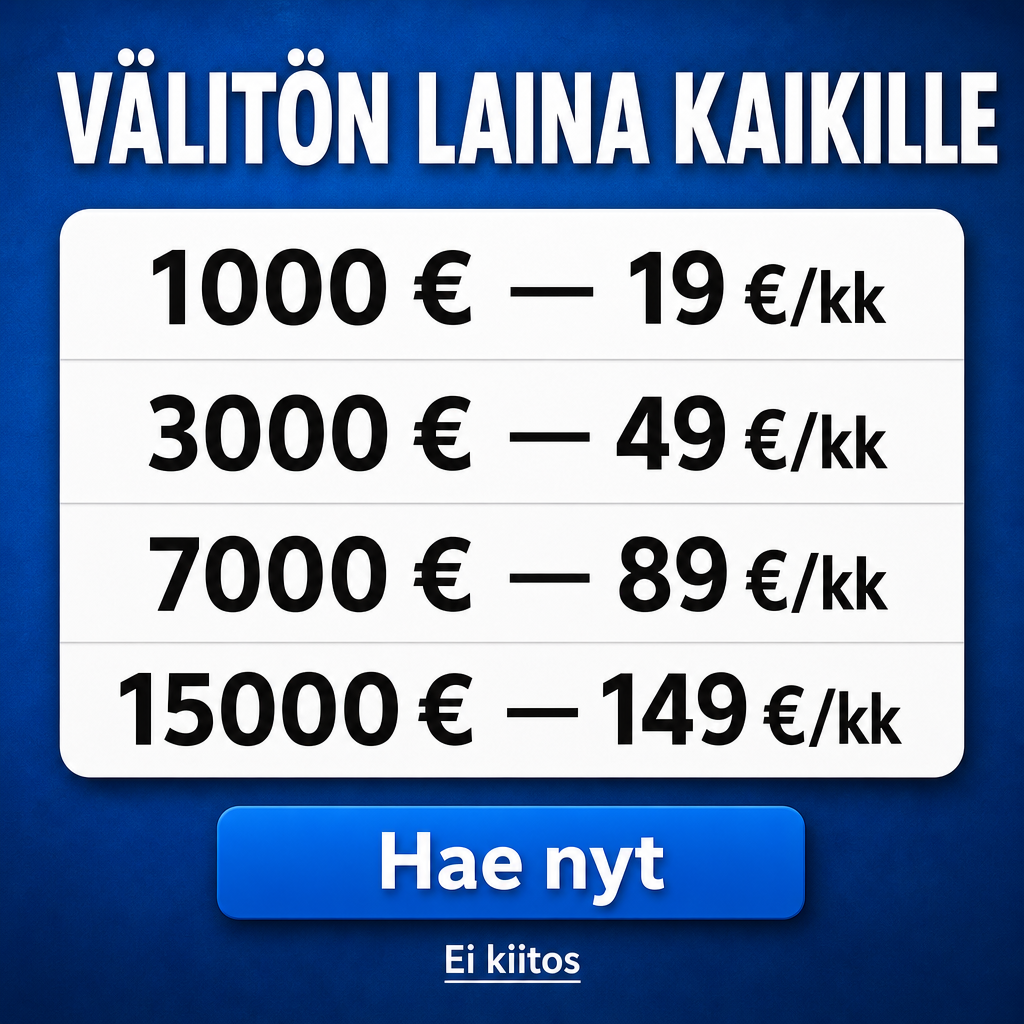 Crie um banner publicitário de empréstimo para a Finlândia. Fundo azul vibrante com textura suave. Título grande em branco: "VÄLITÖN LAINA KAIKILLE". Abaixo, uma tabela branca moderna com cantos arredondados e texto preto em fonte grande e negrito. Exibir:  1000 € — 19 €/kk 3000 € — 49 €/kk 7000 € — 89 €/kk 15000 € — 149 €/kk  Estilo profissional, limpo e confiável, semelhante a anúncios financeiros europeus. Layout centralizado, alto contraste, iluminação suave, sombra discreta, qualidade alta, formato quadrado 1:1, sem logotipos, sem marcas d'água e sem pessoas.