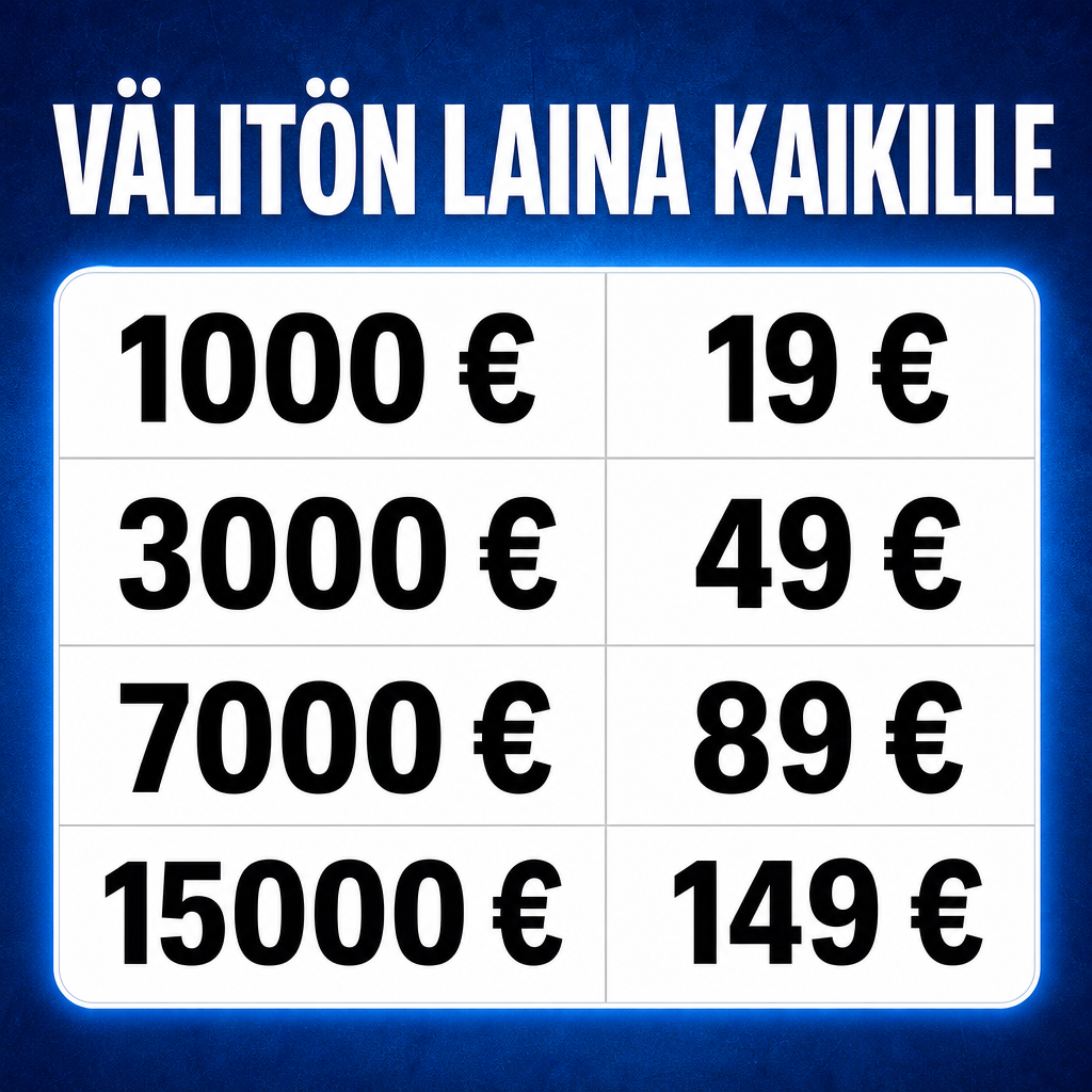 Crie um anúncio de empréstimo no estilo de propaganda financeira europeia. Fundo azul intenso com textura e leve brilho. Na parte superior, um título enorme em letras brancas, maiúsculas, grossas e centralizadas:  VÄLITÖN LAINA KAIKILLE  Abaixo do título, uma grande tabela branca com cantos arredondados e sombra suave. A tabela deve ter 2 colunas e 4 linhas, separadas por linhas cinza finas. Na coluna esquerda, exiba os valores do empréstimo em fonte preta grande e negrito. Na coluna direita, exiba os valores dos pagamentos em fonte preta grande e negrito.  1000 € | 19 € 3000 € | 49 € 7000 € | 89 € 15000 € | 149 €  Design extremamente simples, limpo e chamativo. Sem pessoas, sem ícones, sem logotipos. Estilo de banner promocional de empréstimo rápido. Contraste alto, aparência profissional, formato quadrado 1:1. Mantenha a estética visual típica de anúncios financeiros europeus, com tipografia grande e foco total nos valores.