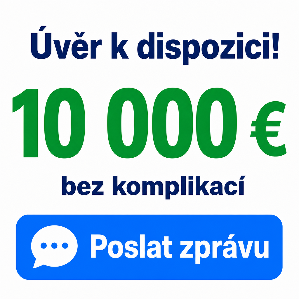 Imagem publicitária minimalista, em formato quadrado, com fundo branco e foco total em texto.  No topo, há a frase:  “Crédito disponível!”  em letras grandes, grossas, na cor azul-marinho.  No centro, aparece o valor principal:  “10 000 €”  em tamanho muito grande, com fonte pesada, na cor verde. O símbolo do euro fica à direita do número.  Abaixo do valor, há a frase:  “sem complicações”  em azul-marinho, com tamanho menor, centralizada.  Na parte inferior, existe um botão grande azul, com cantos arredondados. Dentro do botão, à esquerda, há um ícone branco de balão de mensagem com três pontos. Ao lado, está escrito:  “Enviar mensagem”  em branco, com fonte grande e clara.  O estilo geral é simples, direto e limpo: poucas cores, bastante espaço em branco, texto centralizado e uma chamada para ação bem destacada.