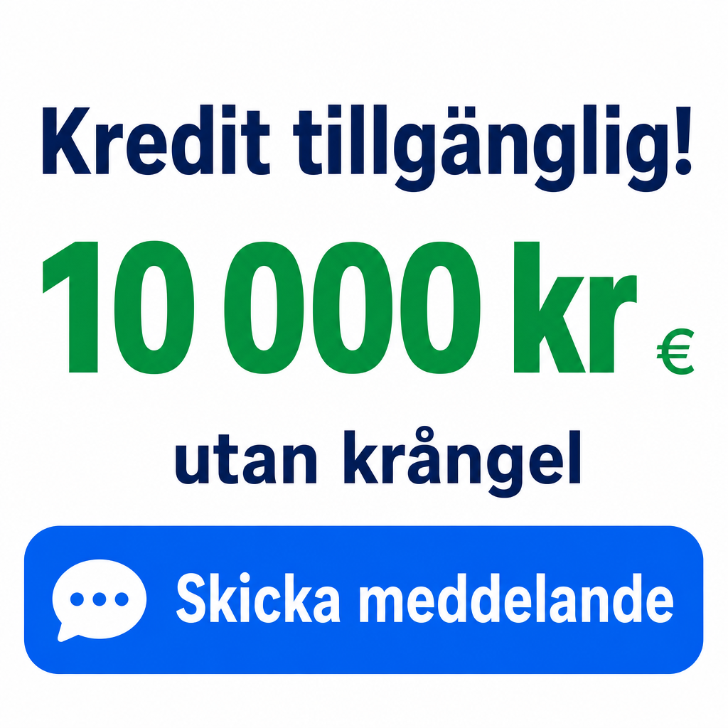 Imagem publicitária minimalista, em formato quadrado, com fundo branco e foco total em texto.  No topo, há a frase:  “Crédito disponível!”  em letras grandes, grossas, na cor azul-marinho.  No centro, aparece o valor principal:  “10 000 kr”  em tamanho muito grande, com fonte pesada, na cor verde. O símbolo do euro fica à direita do número.  Abaixo do valor, há a frase:  “sem complicações”  em azul-marinho, com tamanho menor, centralizada.  Na parte inferior, existe um botão grande azul, com cantos arredondados. Dentro do botão, à esquerda, há um ícone branco de balão de mensagem com três pontos. Ao lado, está escrito:  “Enviar mensagem”  em branco, com fonte grande e clara.  O estilo geral é simples, direto e limpo: poucas cores, bastante espaço em branco, texto centralizado e uma chamada para ação bem destacada.