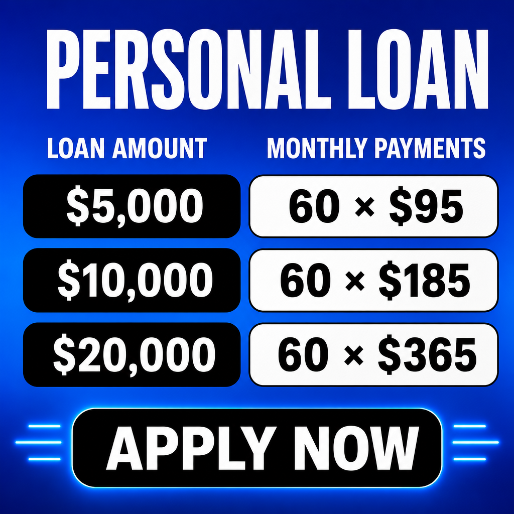 Create a clean, modern, high-converting personal loan advertisement in a square 1:1 format (1080x1080). Use a vibrant royal blue gradient background with a premium fintech aesthetic.  At the top, place a massive bold white sans-serif title:  PERSONAL LOAN  Centered and occupying about 35% of the design.  Below, create two column headers in white uppercase:  LOAN AMOUNT                  MONTHLY PAYMENTS  Display three horizontal rounded pill-shaped rows.  Left side: - Black rounded rectangle. - Large bold white text:   $5,000   $10,000   $20,000  Right side: - White rounded rectangle with thin dark outline. - Large bold black text:   60 × $95   60 × $185   60 × $365  The rows should have generous spacing, perfect alignment, and subtle shadows for depth.  At the bottom, create a large black rounded call-to-action button with bold white uppercase text:  APPLY NOW  Add small electric-blue accent lines on both sides of the button to draw attention.  Style: - Premium fintech advertisement - Minimalist layout - High contrast - Ultra clean typography - Flat modern design - Smooth gradients - Perfect spacing and alignment - Corporate branding style - No people - No icons - No logos - No watermark - No extra text - Professional marketing banner - Ultra sharp, 4K quality