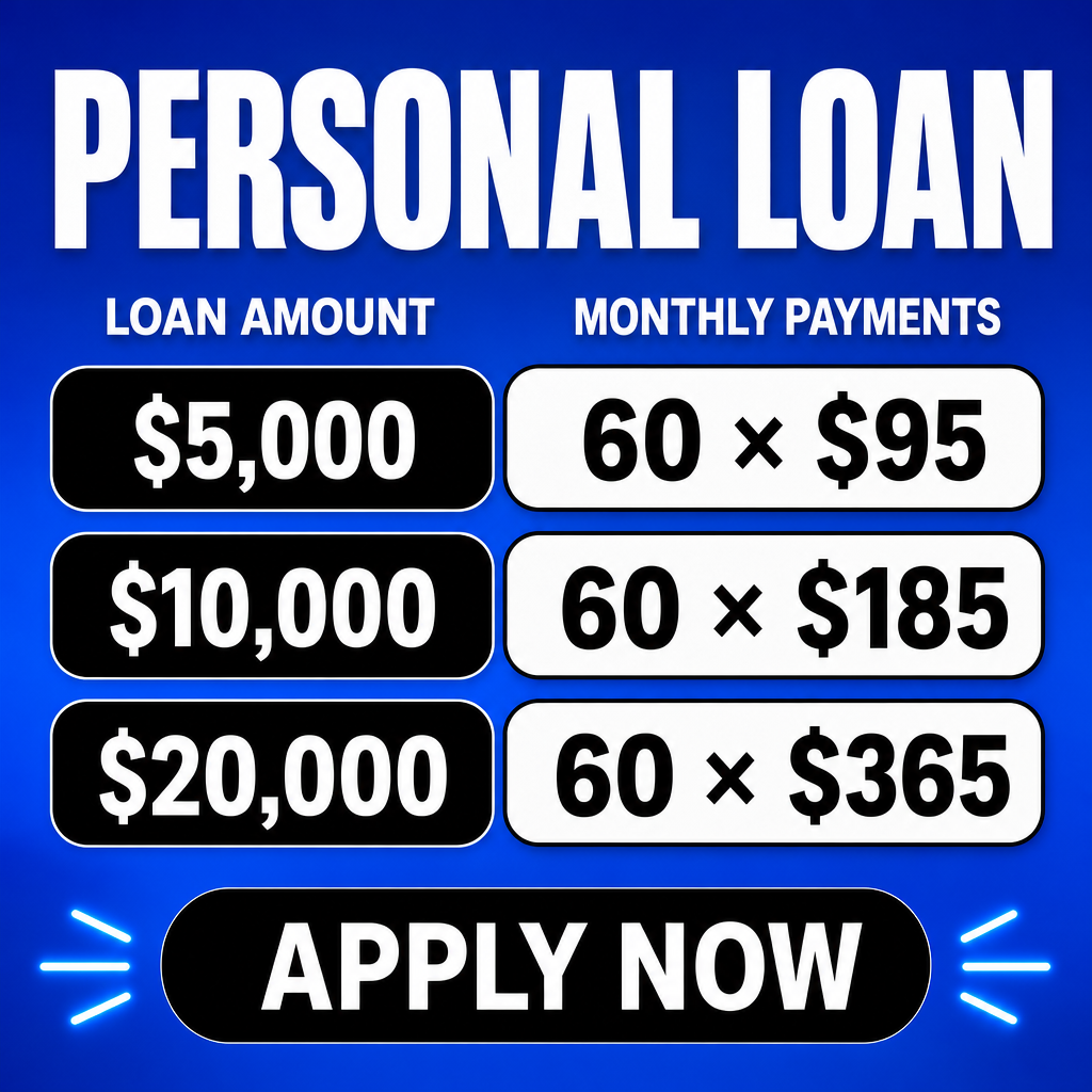 Create a clean, modern, high-converting personal loan advertisement in a square 1:1 format (1080x1080). Use a vibrant royal blue gradient background with a premium fintech aesthetic.  At the top, place a massive bold white sans-serif title:  PERSONAL LOAN  Centered and occupying about 35% of the design.  Below, create two column headers in white uppercase:  LOAN AMOUNT                  MONTHLY PAYMENTS  Display three horizontal rounded pill-shaped rows.  Left side: - Black rounded rectangle. - Large bold white text:   $5,000   $10,000   $20,000  Right side: - White rounded rectangle with thin dark outline. - Large bold black text:   60 × $95   60 × $185   60 × $365  The rows should have generous spacing, perfect alignment, and subtle shadows for depth.  At the bottom, create a large black rounded call-to-action button with bold white uppercase text:  APPLY NOW  Add small electric-blue accent lines on both sides of the button to draw attention.  Style: - Premium fintech advertisement - Minimalist layout - High contrast - Ultra clean typography - Flat modern design - Smooth gradients - Perfect spacing and alignment - Corporate branding style - No people - No icons - No logos - No watermark - No extra text - Professional marketing banner - Ultra sharp, 4K quality