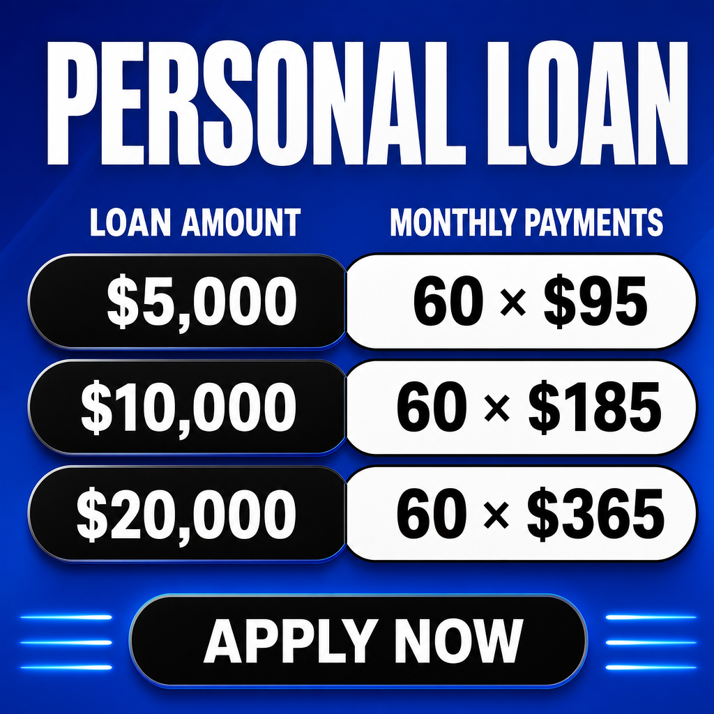 Create a clean, modern, high-converting personal loan advertisement in a square 1:1 format (1080x1080). Use a vibrant royal blue gradient background with a premium fintech aesthetic.  At the top, place a massive bold white sans-serif title:  PERSONAL LOAN  Centered and occupying about 35% of the design.  Below, create two column headers in white uppercase:  LOAN AMOUNT                  MONTHLY PAYMENTS  Display three horizontal rounded pill-shaped rows.  Left side: - Black rounded rectangle. - Large bold white text:   $5,000   $10,000   $20,000  Right side: - White rounded rectangle with thin dark outline. - Large bold black text:   60 × $95   60 × $185   60 × $365  The rows should have generous spacing, perfect alignment, and subtle shadows for depth.  At the bottom, create a large black rounded call-to-action button with bold white uppercase text:  APPLY NOW  Add small electric-blue accent lines on both sides of the button to draw attention.  Style: - Premium fintech advertisement - Minimalist layout - High contrast - Ultra clean typography - Flat modern design - Smooth gradients - Perfect spacing and alignment - Corporate branding style - No people - No icons - No logos - No watermark - No extra text - Professional marketing banner - Ultra sharp, 4K quality
