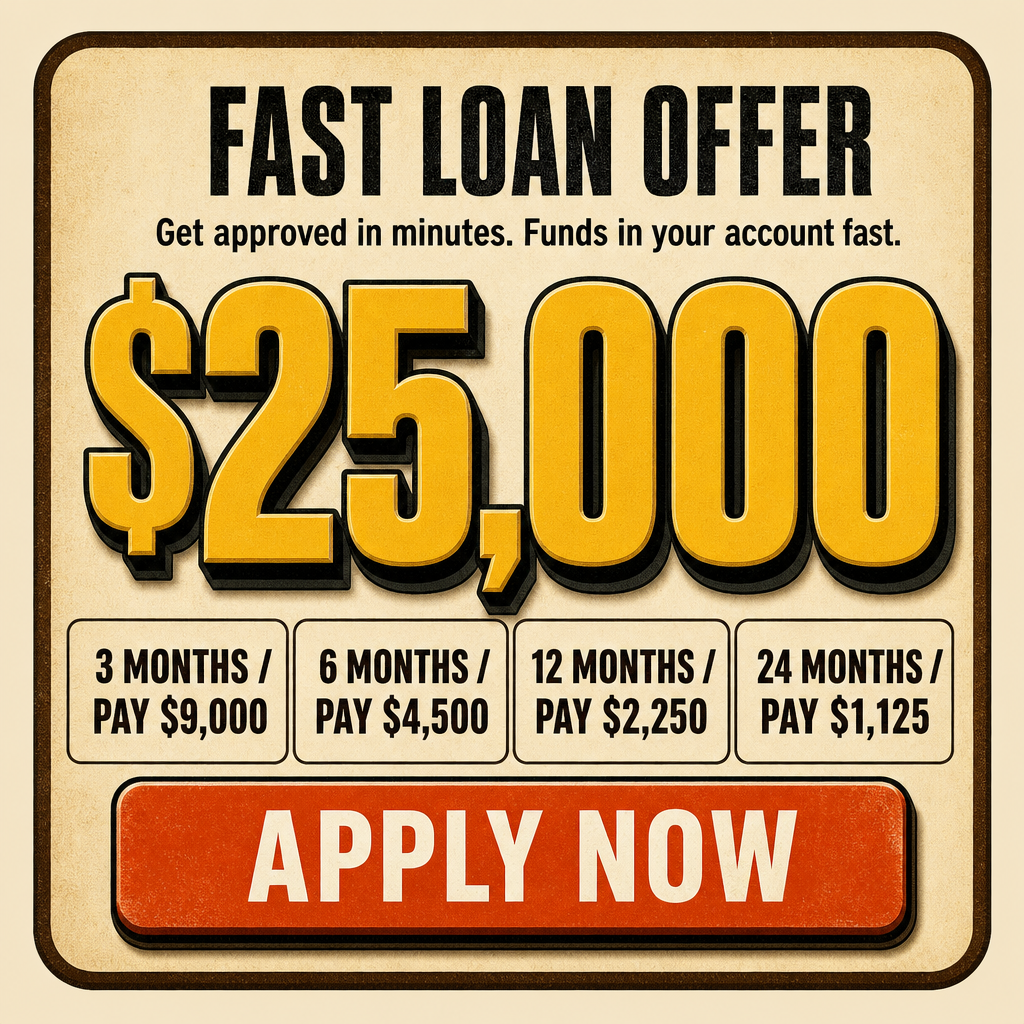 Crie um criativo financeiro quadrado 1:1, com fundo bege e estética promocional vintage. Use um card central mais compacto, com borda marrom-escura, cantos arredondados e leve textura de papel. No topo, escreva “FAST LOAN OFFER” em preto, caixa alta, fonte grossa e condensada, ocupando pouco espaço. Abaixo, insira o subtítulo “Get approved in minutes. Funds in your account fast.” em texto pequeno e discreto. Faça o valor “$25,000” ser o grande foco visual do anúncio, ocupando quase toda a região central, com cor amarelo-dourado, contorno preto espesso, sombra forte e leve efeito 3D. Abaixo do valor, disponha as condições em quatro mini caixas horizontais lado a lado com fundo claro: “3 MONTHS / PAY $9,000”, “6 MONTHS / PAY $4,500”, “12 MONTHS / PAY $2,250”, “24 MONTHS / PAY $1,125”. Na base, insira um botão grande laranja-avermelhado com borda escura e o texto “APPLY NOW” em branco e caixa alta. Estilo limpo, sem imagens, sem pessoas e sem elementos extras. Visual semelhante a um anúncio de oferta rápida e direta.