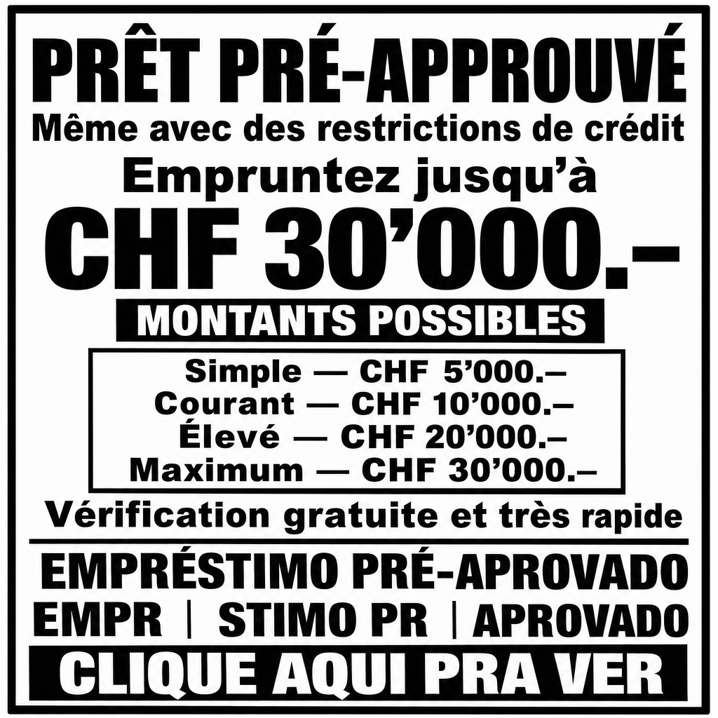 Crie uma arte publicitária no estilo de um panfleto de rua, simples, chamativo e com aparência de impressão em preto e branco sobre papel branco. O layout deve ser praticamente igual ao de um anúncio de empréstimo popular, com letras grandes, em negrito, centralizadas e cercadas por uma borda preta grossa.  O texto deve anunciar um empréstimo pré-aprovado para o país selecionado na ferramenta. Utilize obrigatoriamente o idioma oficial do país selecionado, a moeda oficial, o símbolo monetário e um valor de empréstimo compatível com a realidade econômica desse país. Nunca utilize Real (R$) ou valores brasileiros, a menos que o país selecionado seja o Brasil.  Mantenha a mesma estrutura visual:  EMPRÉSTIMO PRÉ-APROVADO  Mesmo com restrições de crédito  Consulte até  (valor em destaque usando a moeda oficial do país selecionado)  Teste grátis e rapidinho  CLIQUE AQUI PRA VER  Regras:  Traduzir todo o texto para o idioma oficial do país selecionado. Adaptar automaticamente a moeda, o símbolo monetário e o valor para um montante comum e plausível naquele país. Manter a estética de um panfleto simples, impressão monocromática, tipografia pesada (Impact/Arial Black), fundo branco, texto preto e aparência de folheto distribuído nas ruas do país selecionado. Não adicionar logotipos, marcas, telefones, QR Codes ou outros elementos extras.