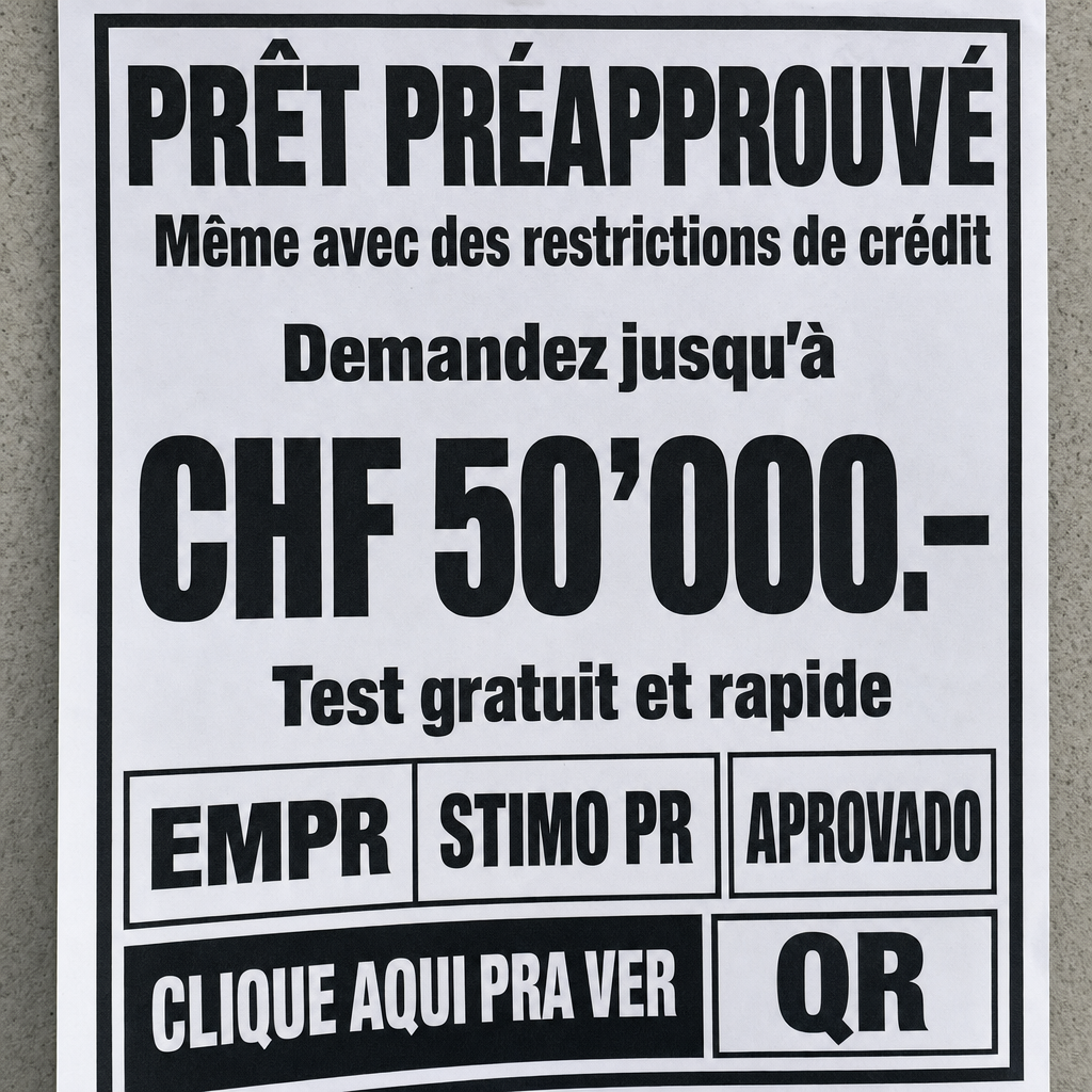 Crie uma arte publicitária no estilo de um panfleto de rua, simples, chamativo e com aparência de impressão em preto e branco sobre papel branco. O layout deve ser praticamente igual ao de um anúncio de empréstimo popular, com letras grandes, em negrito, centralizadas e cercadas por uma borda preta grossa.  O texto deve anunciar um empréstimo pré-aprovado para o país selecionado na ferramenta. Utilize obrigatoriamente o idioma oficial do país selecionado, a moeda oficial, o símbolo monetário e um valor de empréstimo compatível com a realidade econômica desse país. Nunca utilize Real (R$) ou valores brasileiros, a menos que o país selecionado seja o Brasil.  Mantenha a mesma estrutura visual:  EMPRÉSTIMO PRÉ-APROVADO  Mesmo com restrições de crédito  Consulte até  (valor em destaque usando a moeda oficial do país selecionado)  Teste grátis e rapidinho  CLIQUE AQUI PRA VER  Regras:  Traduzir todo o texto para o idioma oficial do país selecionado. Adaptar automaticamente a moeda, o símbolo monetário e o valor para um montante comum e plausível naquele país. Manter a estética de um panfleto simples, impressão monocromática, tipografia pesada (Impact/Arial Black), fundo branco, texto preto e aparência de folheto distribuído nas ruas do país selecionado. Não adicionar logotipos, marcas, telefones, QR Codes ou outros elementos extras.