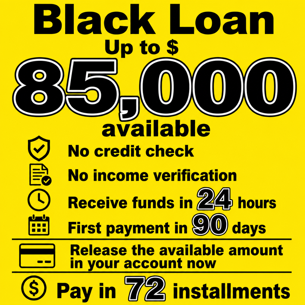 quero que você gere um criativo pra mim no formato quadrado em ingles que faça sentido nos estados unidos  com os seguintes textos: Emprestimo Black - Sem Necessidade de consulta de crédito - sem comprovação de renda - receba em 24 horas - Primeira parcela somente daqui a 90 dias , Valor Máximo Possivel: $ 85,000 . Libere agora mesmo o valor disponível em sua conta. Pague em 72x