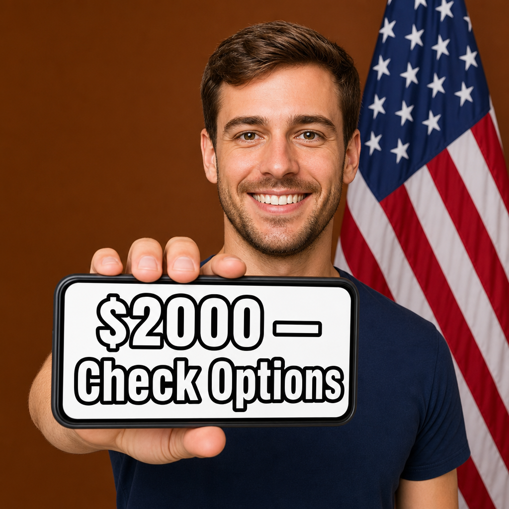 Pessoa olhando para a câmera e mostrando no celular “$2000 — Check Options”, bandeira americana ao fundo.