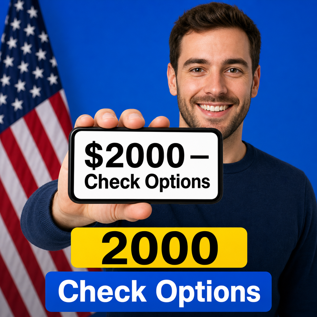 Pessoa olhando para a câmera e mostrando no celular “$2000 — Check Options”, bandeira americana ao fundo.
