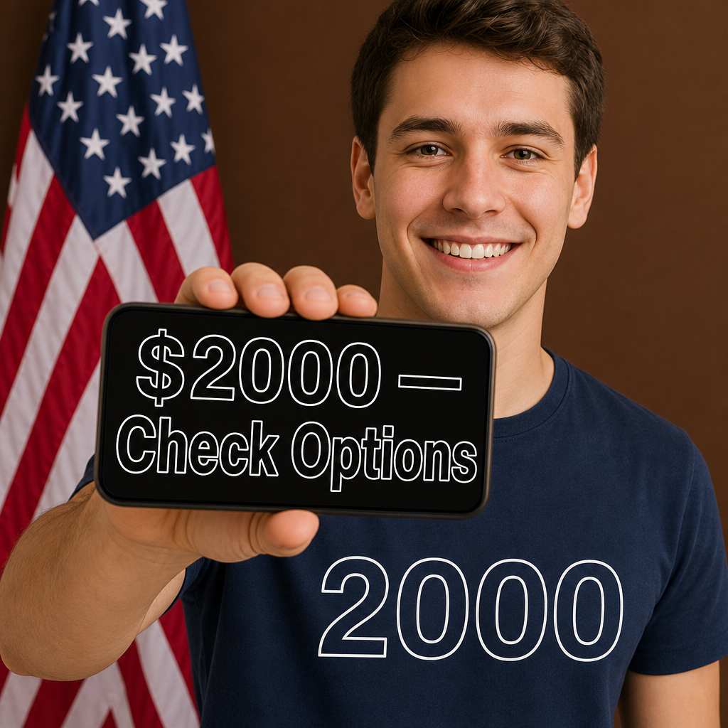 Pessoa olhando para a câmera e mostrando no celular “$2000 — Check Options”, bandeira americana ao fundo.