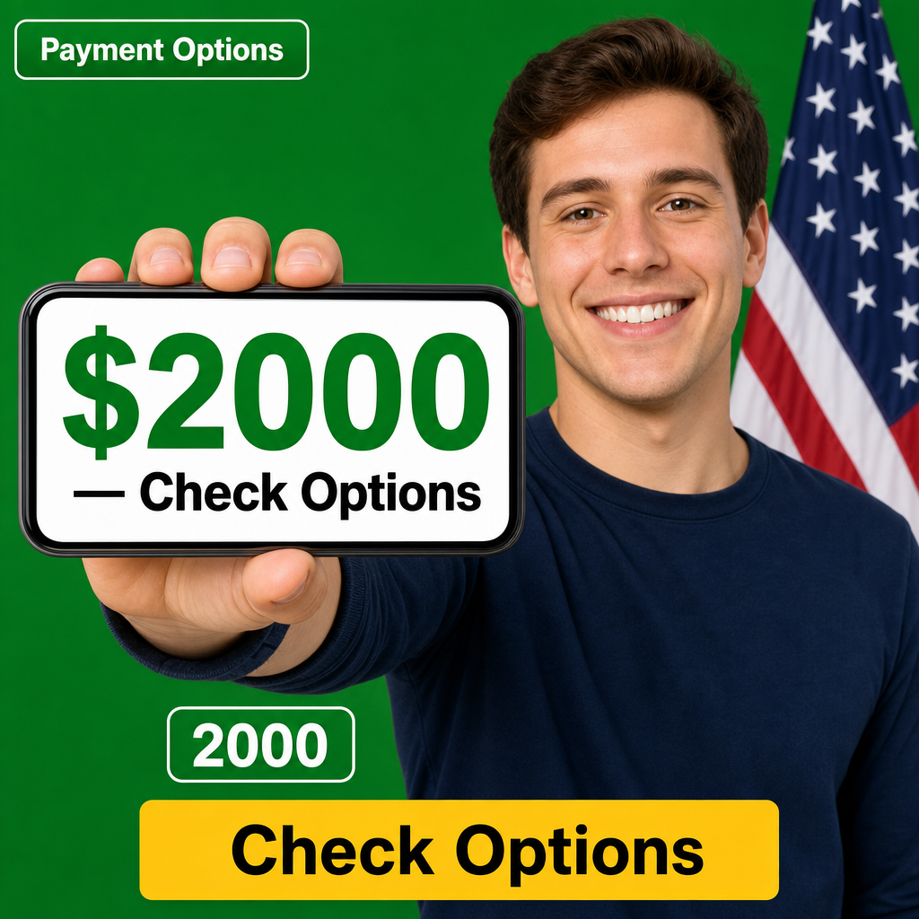 Pessoa olhando para a câmera e mostrando no celular “$2000 — Check Options”, bandeira americana ao fundo.