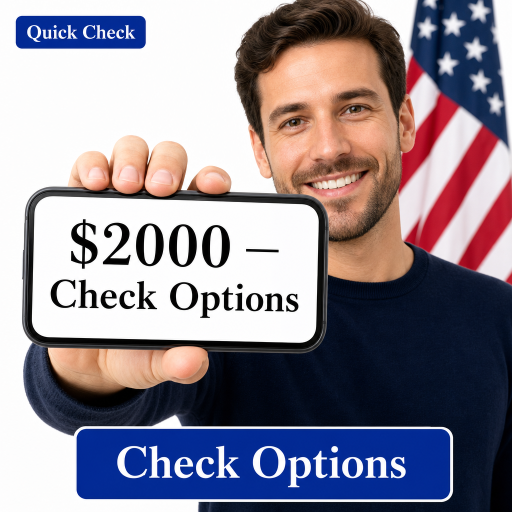 Pessoa olhando para a câmera e mostrando no celular “$2000 — Check Options”, bandeira americana ao fundo.
