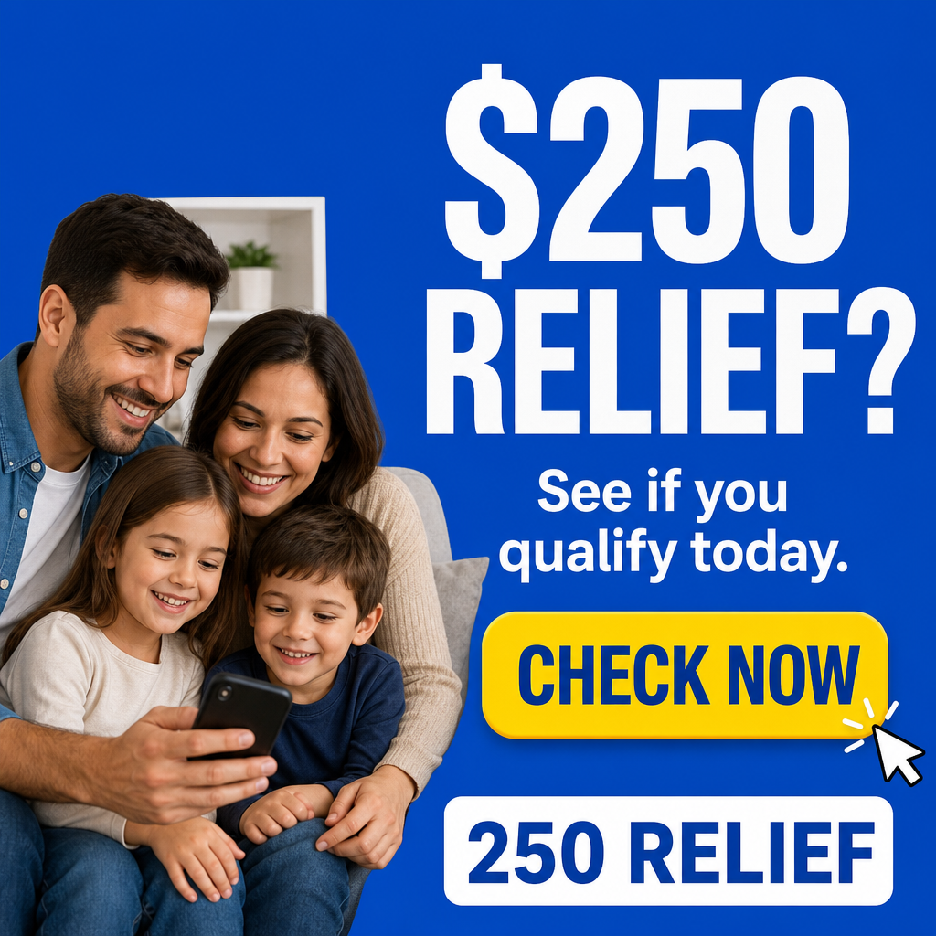Família americana — casal/família em casa + “$250 RELIEF?” grande + botão “CHECK NOW