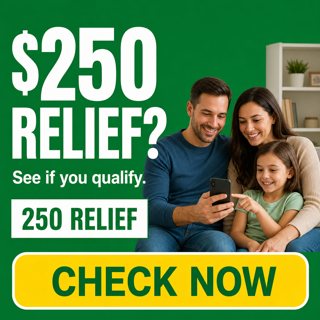 Família americana — casal/família em casa + “$250 RELIEF?” grande + botão “CHECK NOW