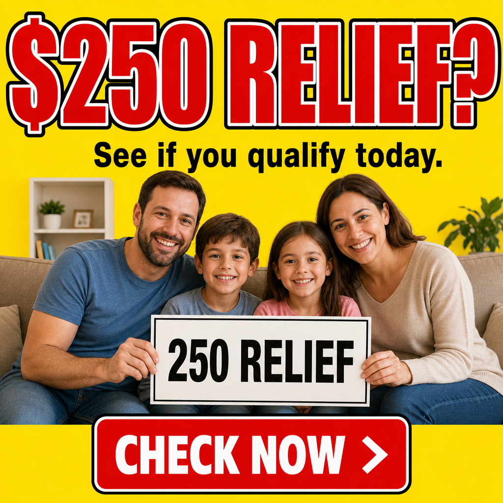 Família americana — casal/família em casa + “$250 RELIEF?” grande + botão “CHECK NOW