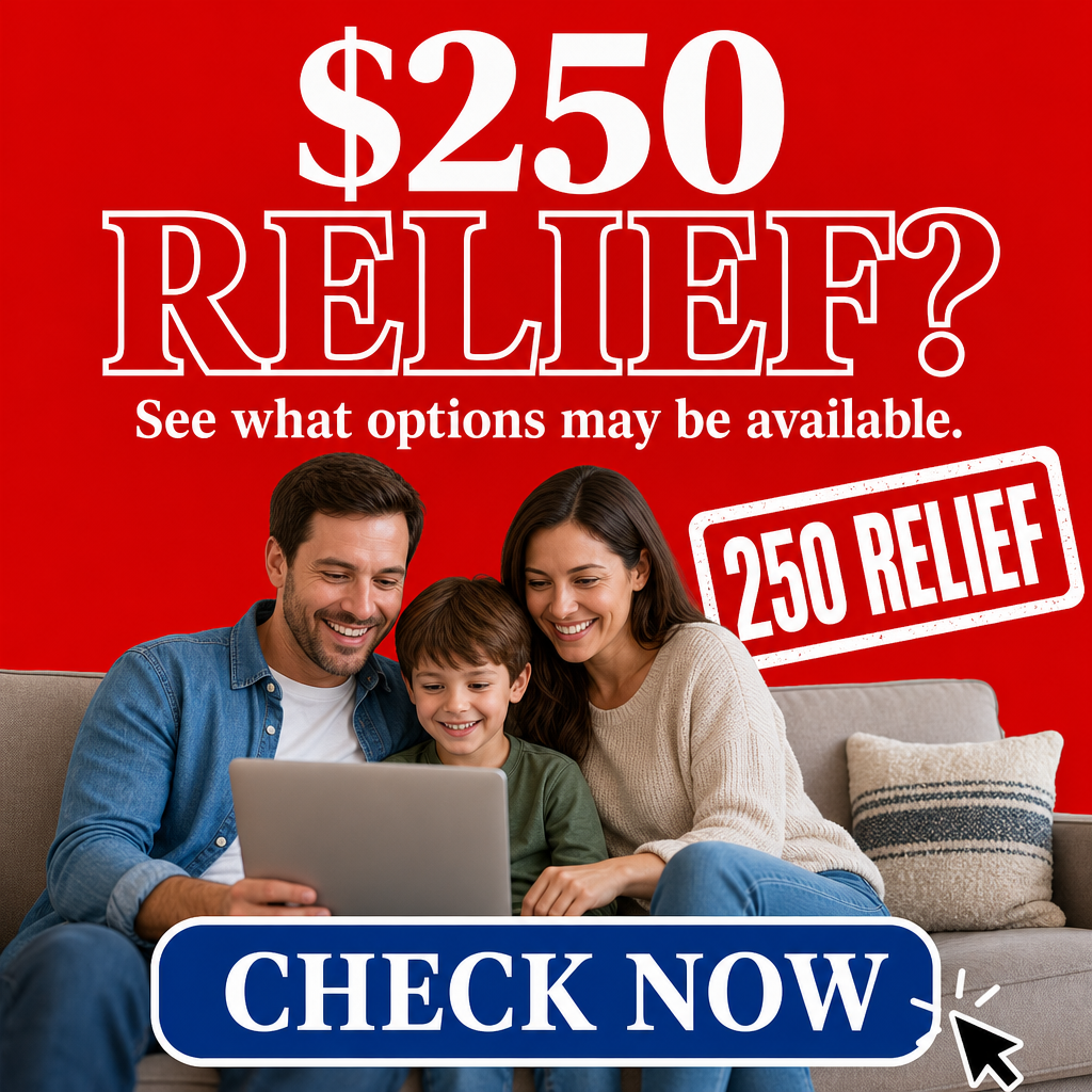 Família americana — casal/família em casa + “$250 RELIEF?” grande + botão “CHECK NOW